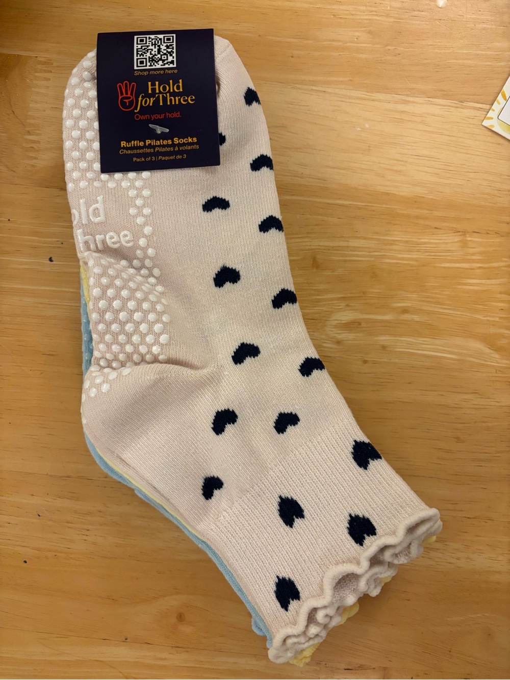 Ruffle Pilates Socks - NWT - 3 pack - solid blue, solid yellow, pink with hearts